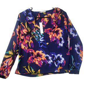Three Eighty Two XS Navy Floral Long Sleeve Faux Wrap Blouse Vibrant Multicolor